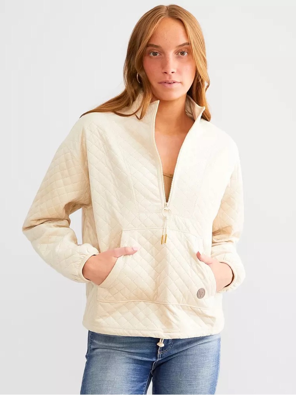 Buckle Quilted Half-Zip Pullover Jacket - Cream